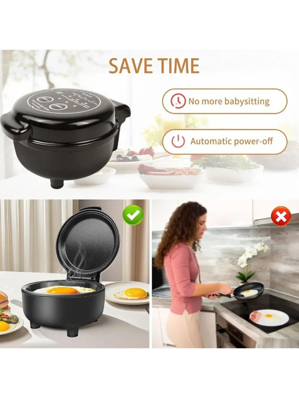 Automatic Fried Egg Cooker for 6 - Non-Stick, Auto Power Off, Easy to Use!
